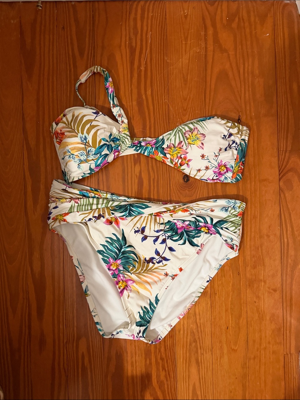Tropical Floral Bandeau Bikini Set - Cream Base with Multi-Color Print